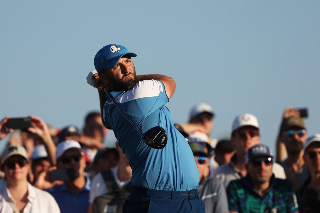 ROME, ITALY - SEPTEMBER 29:  Jon Rahm of Team Europe tees off on the 18th hole during the Friday afternoon fourball matches of the 2023 Ryder Cup at Marco Simone Golf Club on September 29, 2023 in Rome, Italy. (Photo by Patrick Smith/Getty Images)