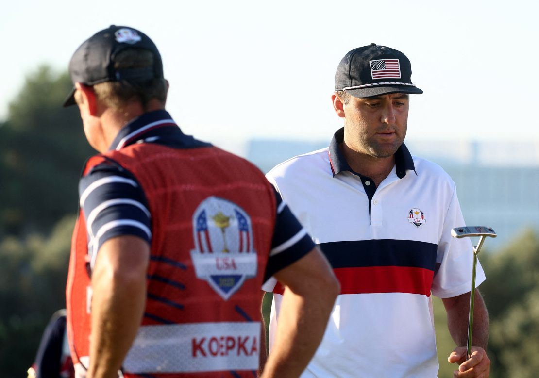 Golf - The 2023 Ryder Cup - Marco Simone Golf & Country Club, Rome, Italy - September 30, 2023
 Team USA's Scottie Scheffler reacts after missing his putt on the 2nd hole during the Foursomes