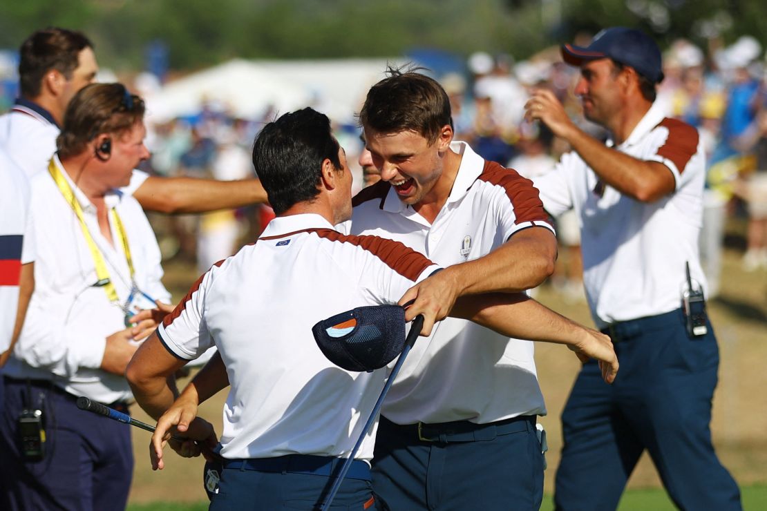 Golf - The 2023 Ryder Cup - Marco Simone Golf & Country Club, Rome, Italy - September 30, 2023
 Team Europe's Ludvig Aberg celebrates with Team Europe's Viktor Hovland on the green of the 11th hole during the Foursomes breaking the Foursomes score record in Ryder Cup history to win the match 9 and 7