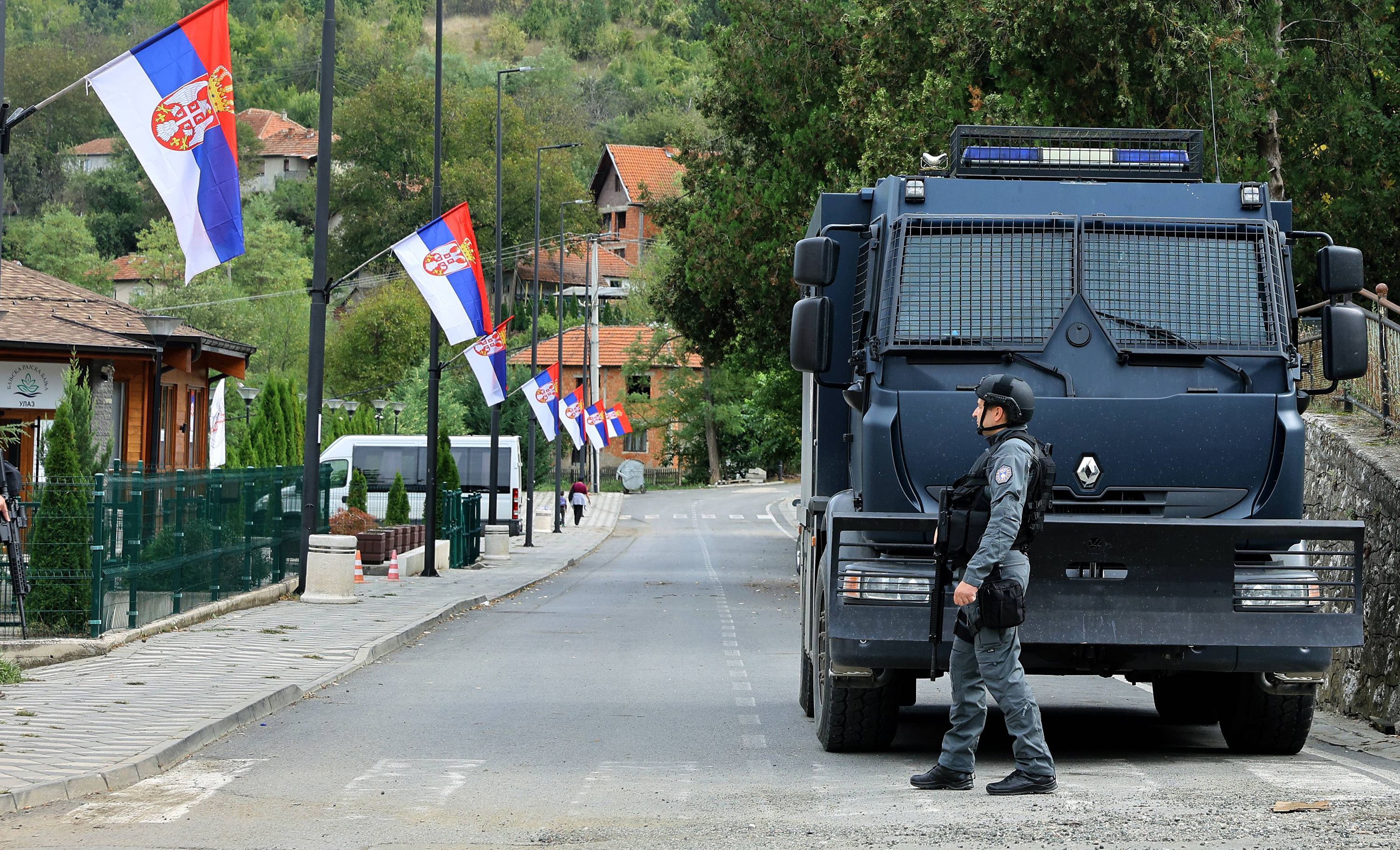 Heavy police forces and armored vehicles present in the village of Banjska in Kosovo.