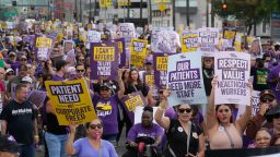 Frontline healthcare workers hold a demonstration on Labor Day outside Kaiser Permanente Los Angeles Medical Center in Hollywood in Los Angeles, Monday, Sep. 4, 2023. (AP Photo/Damian Dovarganes)