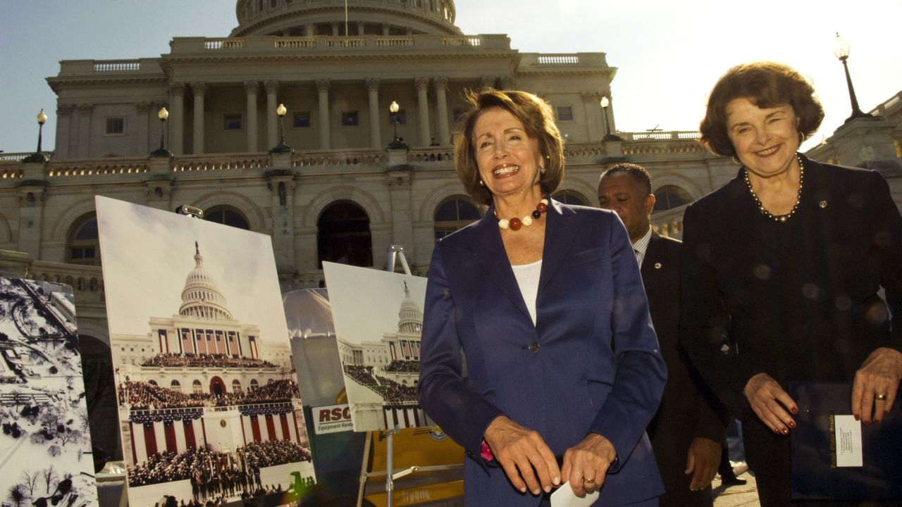WASHINGTON, DC - Sept. 24: Members of the Joint Congressional Committee on Inaugural Ceremonies Sen. Dianne Feinstein, D-Calif., and House Speaker Nancy Pelosi, D-Calif., after hammering the first nails for the platform to be built for the 2009 inauguration ceremony, during a ceremony on the West Front of the U.S. Capitol. The next president will be sworn in on the platform on January 20, 2009. (Photo by Scott J. Ferrell/Congressional Quarterly/Getty Images)