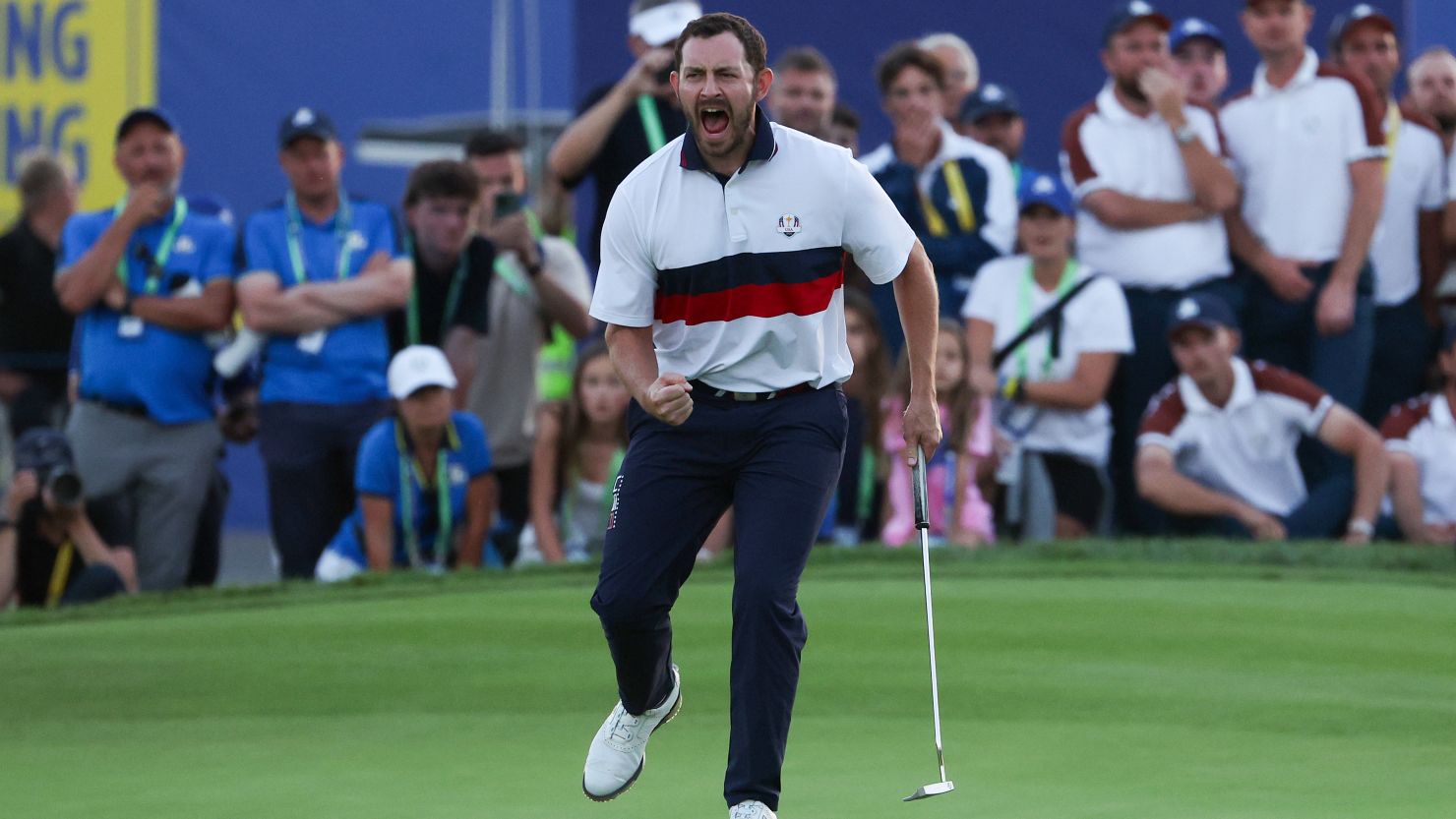ROME, ITALY - SEPTEMBER 30: Patrick Cantlay of Team United States gestures in celebration of winning his match 1 up during the Saturday afternoon fourball matches of the 2023 Ryder Cup at Marco Simone Golf Club on September 30, 2023 in Rome, Italy. (Photo by Jamie Squire/Getty Images)
