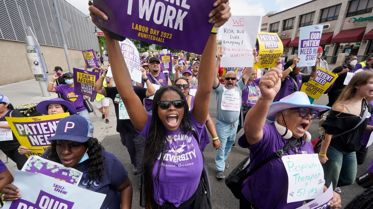 Frontline healthcare workers hold a demonstration on Labor Day 2023 outside Kaiser Permanente Los Angeles Medical Center in Hollywood, California.