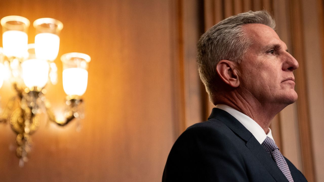 House Speaker Kevin McCarthy (R-CA) speaks with members of the media following passage in the House of a continuing resolution on September 30, 2023 in Washington, DC. (Photo by Nathan Howard/Getty Images)