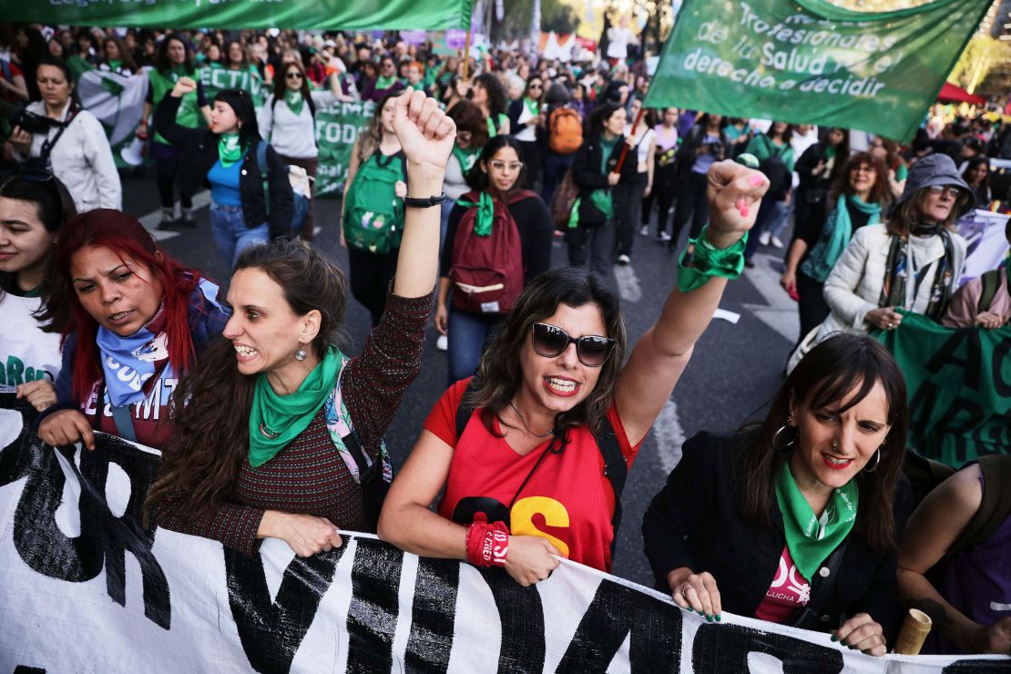 Women from feminist organizations take part in a march in defense of legal abortion in Buenos Aires, on September 28, 2023. 