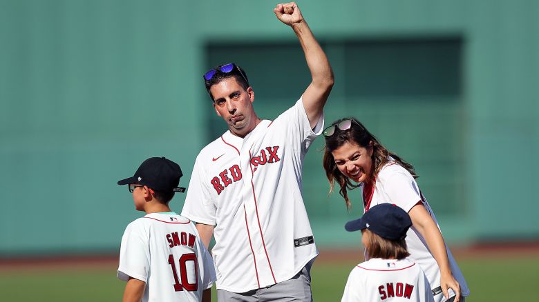 Chris Snow threw out the first pitch of the Boston Red Sox game against the Tampa Bay Rays at Fenway Park in Boston on August 12, 2021.