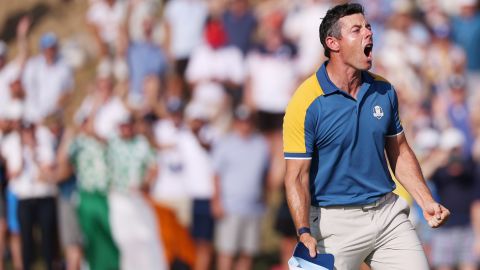 Rory McIlroy of Team Europe celebrates winning his match 3&1 on the 17th green during the Sunday singles matches of the 2023 Ryder Cup at Marco Simone Golf Club on October 01, 2023 in Rome, Italy.