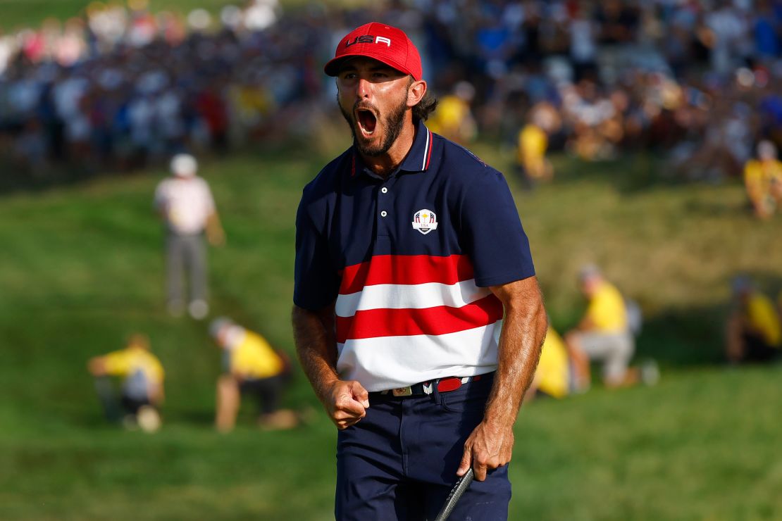 Max Homa of Team United States celebrates on the 18th green during the Sunday singles matches of the 2023 Ryder Cup at Marco Simone Golf Club on October 01, 2023 in Rome, Italy.