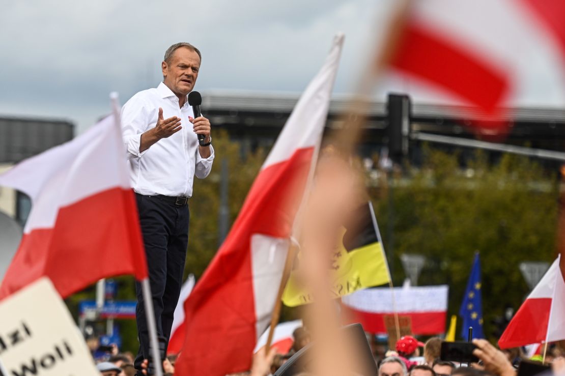 Donald Tusk delivers a speech on Sunday.