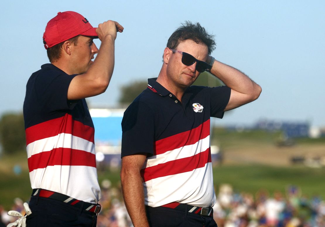 Golf - The 2023 Ryder Cup - Marco Simone Golf & Country Club, Rome, Italy - October 1, 2023
Team USA captain Zach Johnson and Team USA's Jordan Spieth during the presentation ceremony after losing the Ryder Cup