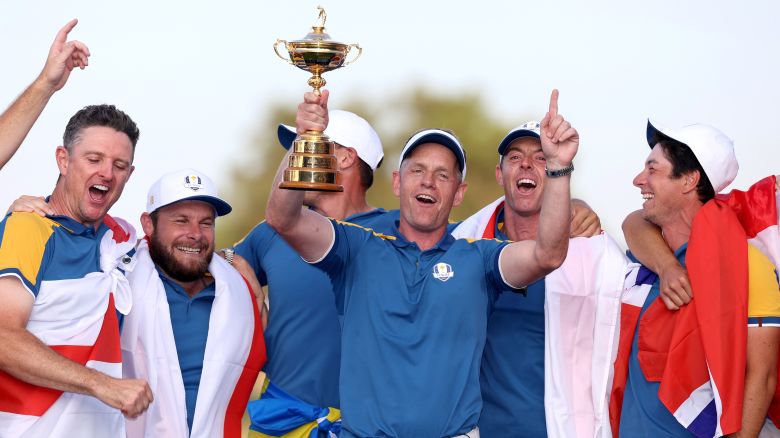 Luke Donald, Captain of Team Europe lifts the Ryder Cup trophy following victory with 16 and a half to 11 and a half win during the Sunday singles matches of the 2023 Ryder Cup at Marco Simone Golf Club on October 01, 2023 in Rome, Italy.