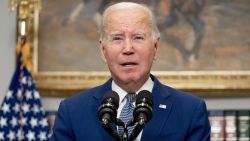 US President Joe Biden delivers remarks on the bipartisan bill to fund the government, in the Roosevelt Room of the White House in Washington, DC, on October 1, 2023.