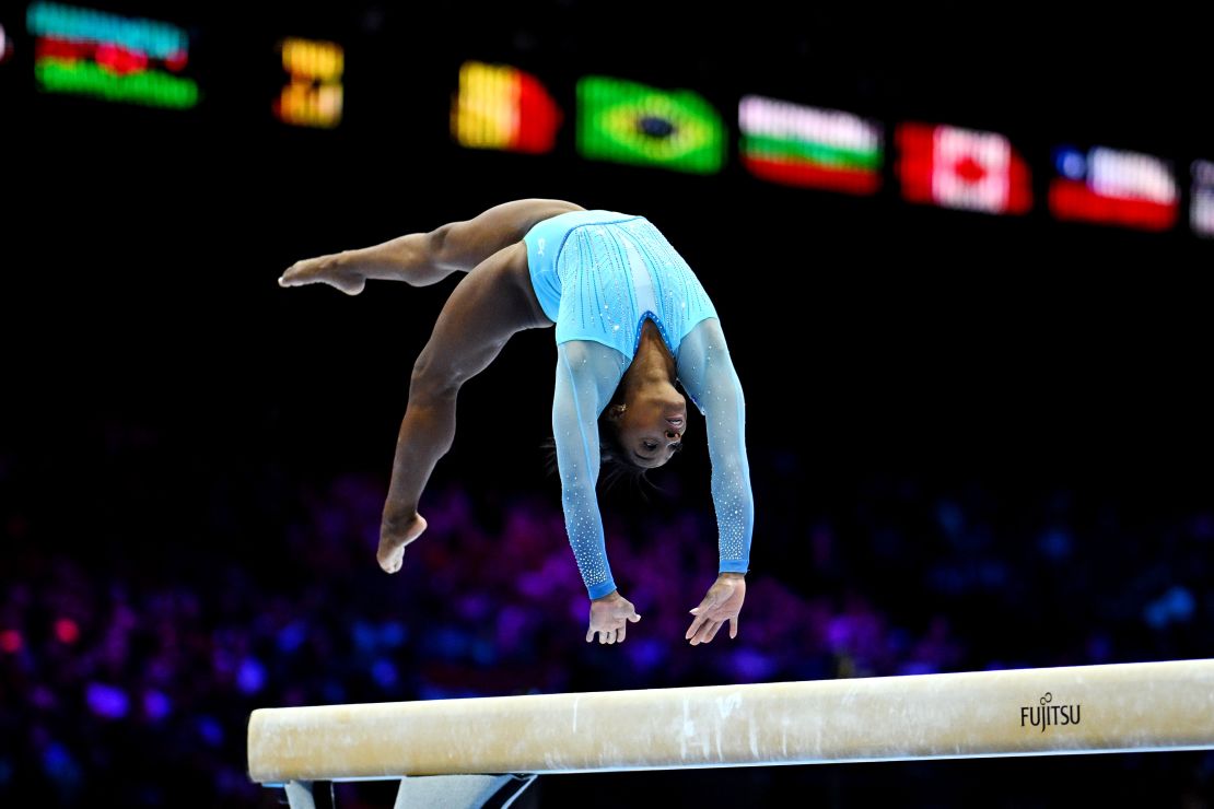 Simone Biles of the United States competes on Balance Beam during Women's Qualifications on Day Two of the FIG Artistic Gymnastics World Championships at the Antwerp Sportpaleis on October 01, 2023 in Antwerp, Belgium.
