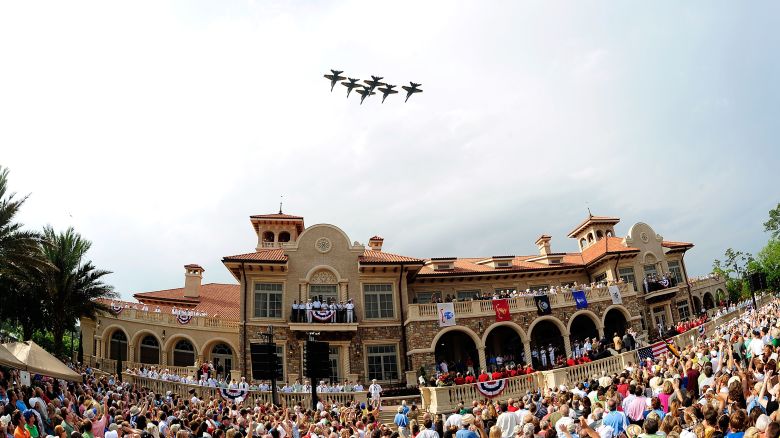 PONTE VEDRA BEACH, FL - MAY 05:  The U.S. Navy Blue Angels perform a flyover during the Military Appreciation Ceremony prior to the start of THE PLAYERS Championship held at THE PLAYERS Stadium course at TPC Sawgrass on May 5, 2010 in Ponte Vedra Beach, Florida.  (Photo by Sam Greenwood/Getty Images)