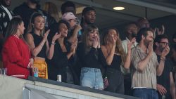 Oct 1, 2023; East Rutherford, New Jersey, USA; Taylor Swift, a guest of Kansas City Chiefs tight end Travis Kelce (not pictured), cheers during the game at MetLife Stadium. Mandatory Credit: Vincent Carchietta-USA TODAY Sports