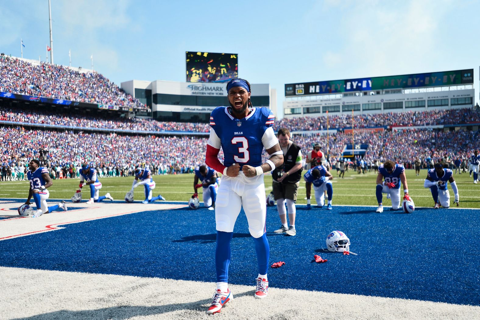 Buffalo Bills safety Damar Hamlin shouts while warming up ahead of the Bills game against the Miami Dolphins on October 1. Hamlin participated in the opening kickoff, his first regular season appearance after surviving a cardiac arrest on the field nearly nine months ago. The Bills beat the Dolphins 48-20.