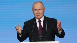 Russian President Vladimir Putin gestures during his speech at the concert at the State Kremlin Palace on September 28, 2023, in Moscow, Russia.