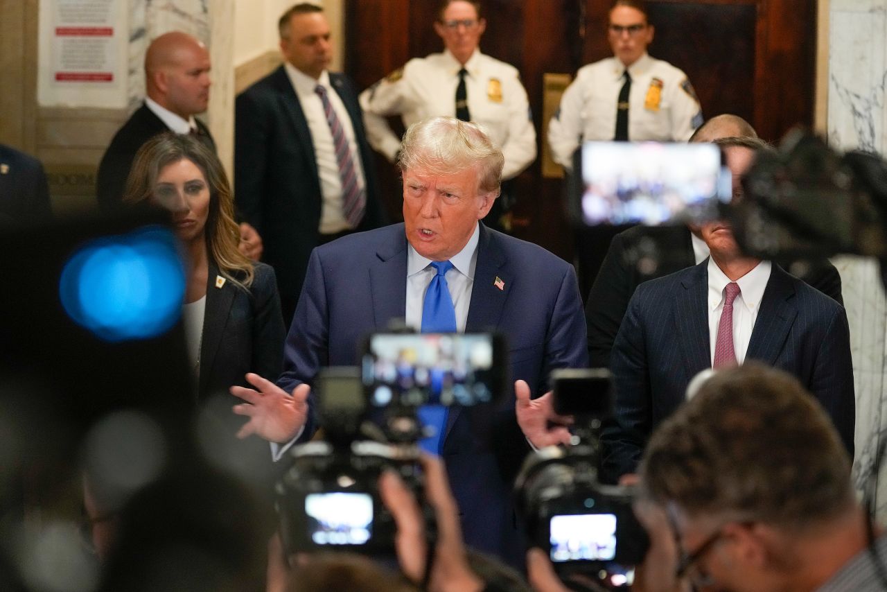 Trump speaks to the media at the New York Supreme Court on Monday. <a href="https://www.cnn.com/politics/live-news/trump-fraud-trial-new-york-10-02-23/h_e83e2797310240ba7e8540e4c80ba014" target="_blank">On his way to the courtroom</a>, Trump said the civil fraud trial is a "continuation of the single greatest witch hunt of all time." He also called it "a scam and a sham."
