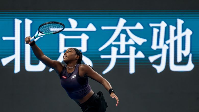 BEIJING, CHINA - OCTOBER 02: Coco Gauff of the United States returns a shot in the Women's Singles Round of 64 match against Ekaterina Alexandrova of Russia on day seven of 2023 China Open at the National Tennis Center on October 2, 2023 in Beijing, China. (Photo by VCG/VCG via Getty Images)