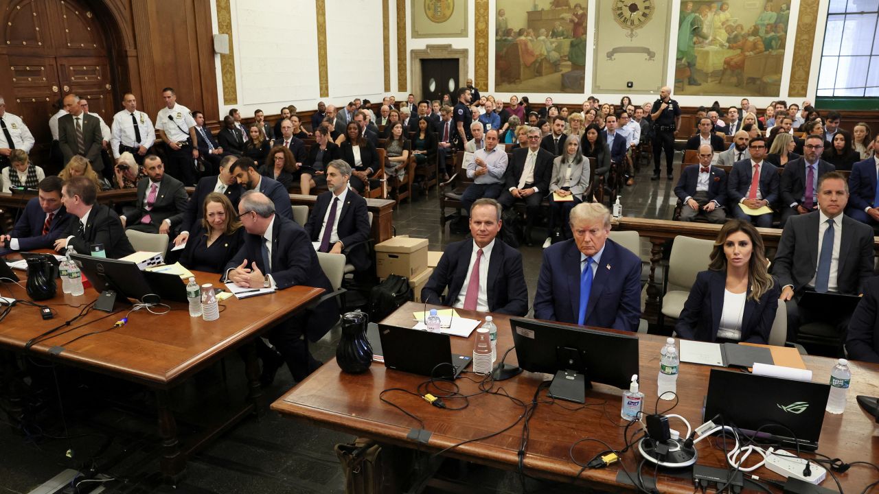 Former U.S. President Donald Trump attends the trial of himself, his adult sons, the Trump Organization and others in a civil fraud case brought by state Attorney General Letitia James, at a Manhattan courthouse, in New York City, U.S., October 2, 2023. REUTERS/Brendan McDermid/Pool