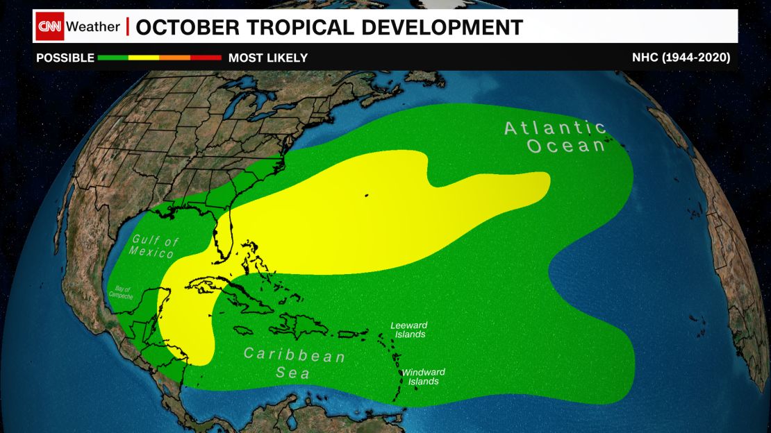 Areas where tropical development typically occurs during October.