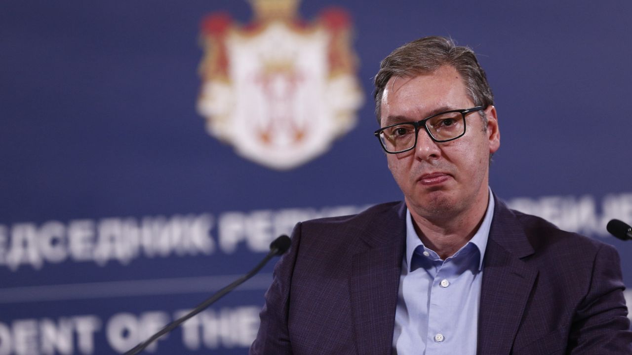 BELGRADE, SERBIA - SEPTEMBER 24: Serbian President Aleksandar Vucic holds a press conference after armed individuals attacked and killed Kosovar police, in Belgrade, Serbia on September 24, 2023. (Photo by Amir Hamzagic/Anadolu Agency via Getty Images)