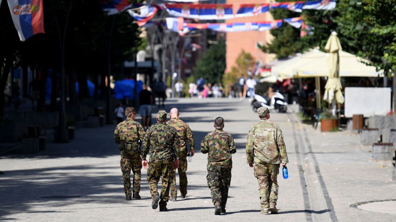 Soldiers with the NATO-led international peacekeeping force, the Kosovo Force, in the ethnically divided city of Mitrovica, in northern Kosovo, on September 28.