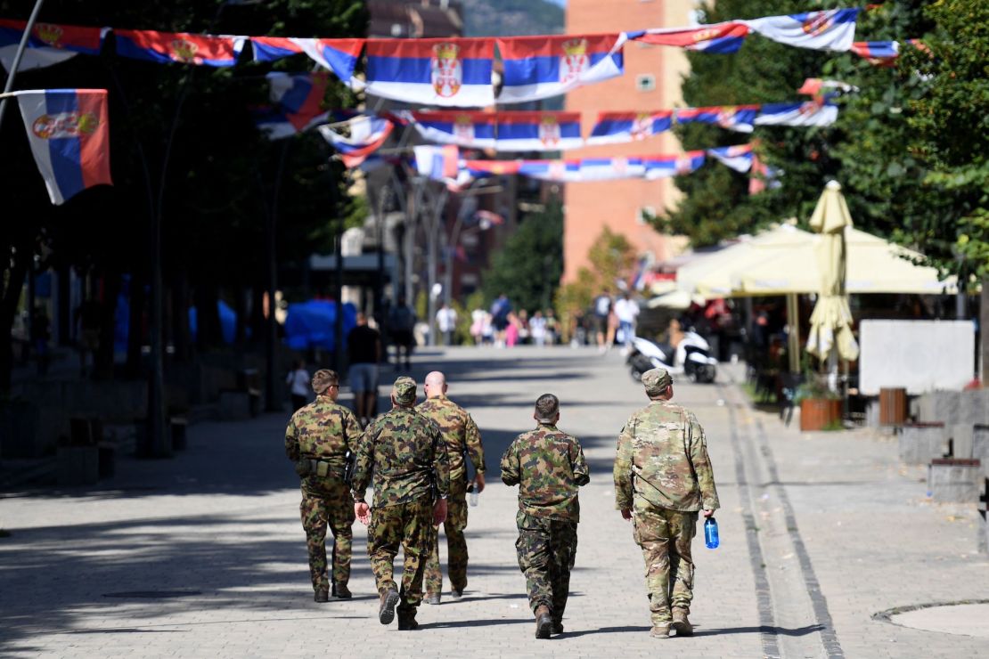 Soldiers with the NATO-led international peacekeeping force, the Kosovo Force, in the ethnically divided city of Mitrovica, in northern Kosovo, on September 28.