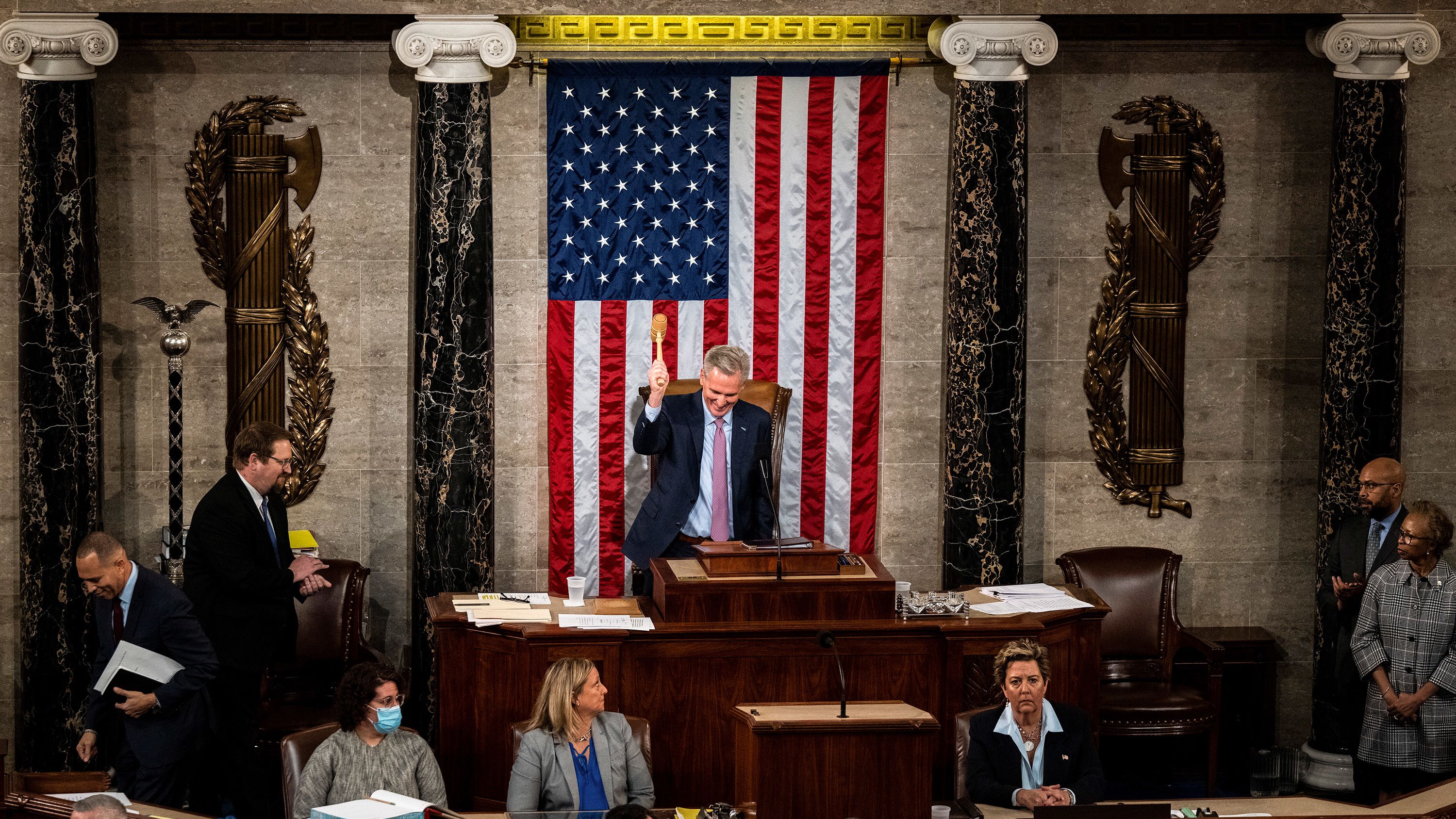 McCarthy celebrates with the gavel after <a href="http://www.cnn.com/2023/01/03/politics/gallery/house-speaker-vote-2023/index.html" target="_blank">being elected speaker</a> in January 2023.