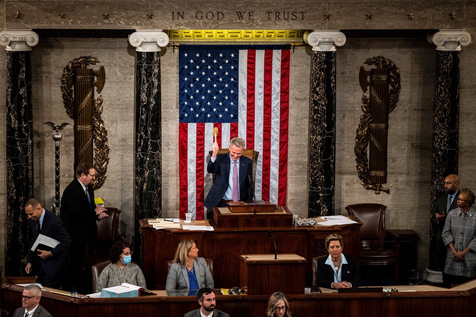 McCarthy celebrates with the gavel after <a href="http://www.cnn.com/2023/01/03/politics/gallery/house-speaker-vote-2023/index.html" target="_blank">being elected speaker</a> in January 2023.