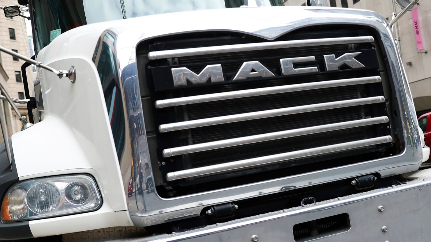 Mack logo is seen on a truck in Montreal, Canada on June 15, 2023.