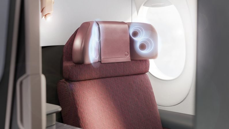 <strong>Business class: </strong>The technology, created by French aircraft interior designer Safran in collaboration with audio tech company Devialet, was revealed at last year's Aircraft Interiors Expo (AIX) in Hamburg, Germany. Pictured is a business class seat on Japan Airlines' new A350-1000. 