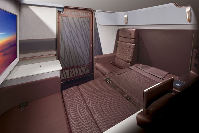 <strong>New interiors: </strong>Japan Airlines has revealed the interiors of its new Airbus A350-1000 aircraft, which will be used on long-haul flights. The new first-class cabin will feature just six suites, each of which can be converted into a full sofa, a seat/single bed combo (pictured) or a full double bed.