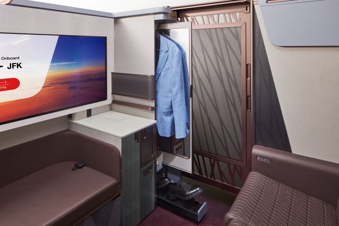 <strong>Closet space </strong>The airline has eliminated overhead compartments in first class. Instead, each suite has increased storage space and a small closet.