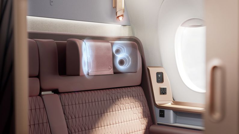 <strong>No headphones needed: </strong>Both first- and business-class cabins of the new A350-1000s will offer headphone-free stereos. Passengers can listen to the inflight entertainment system using the seats' built-in headrest speakers.