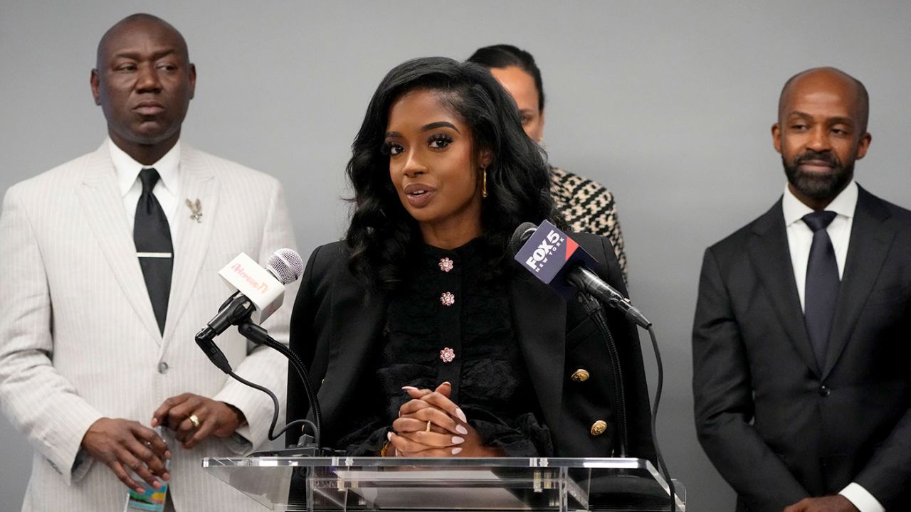 Arian Simone, a partner at the Black women-owned venture capitalist firm, the Fearless Fund, speaks during a news conference on Aug. 10, 2023, in New York. 