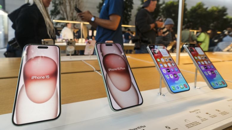 The Apple's new iPhone 15 models are displayed at the Apple The Grove in Los Angeles on Friday, Sept. 22, 2023.