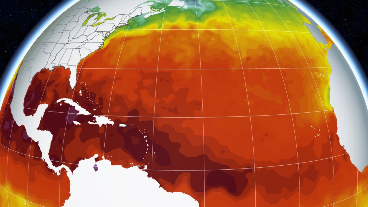 Sea surface temperatures across the Atlantic Basin. The darkest reds indicate the highest temperatures while yellows and greens represent lower temperatures.