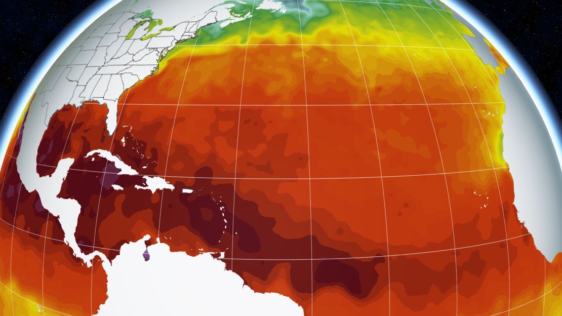 Sea surface temperatures across the Atlantic Basin. The darkest reds indicate the highest temperatures while yellows and greens represent lower temperatures.