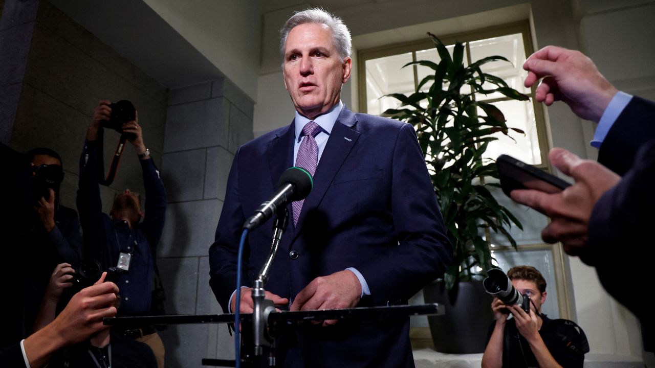 House Speaker Kevin McCarthy speaks with reporters at the US Capitol in Washington, DC, October 3, 2023.  