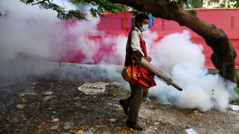 A City Corporation Worker Sprays Dengue Repellent at a hospital area in Dhaka, Bangladesh, on September 9, 2023. 