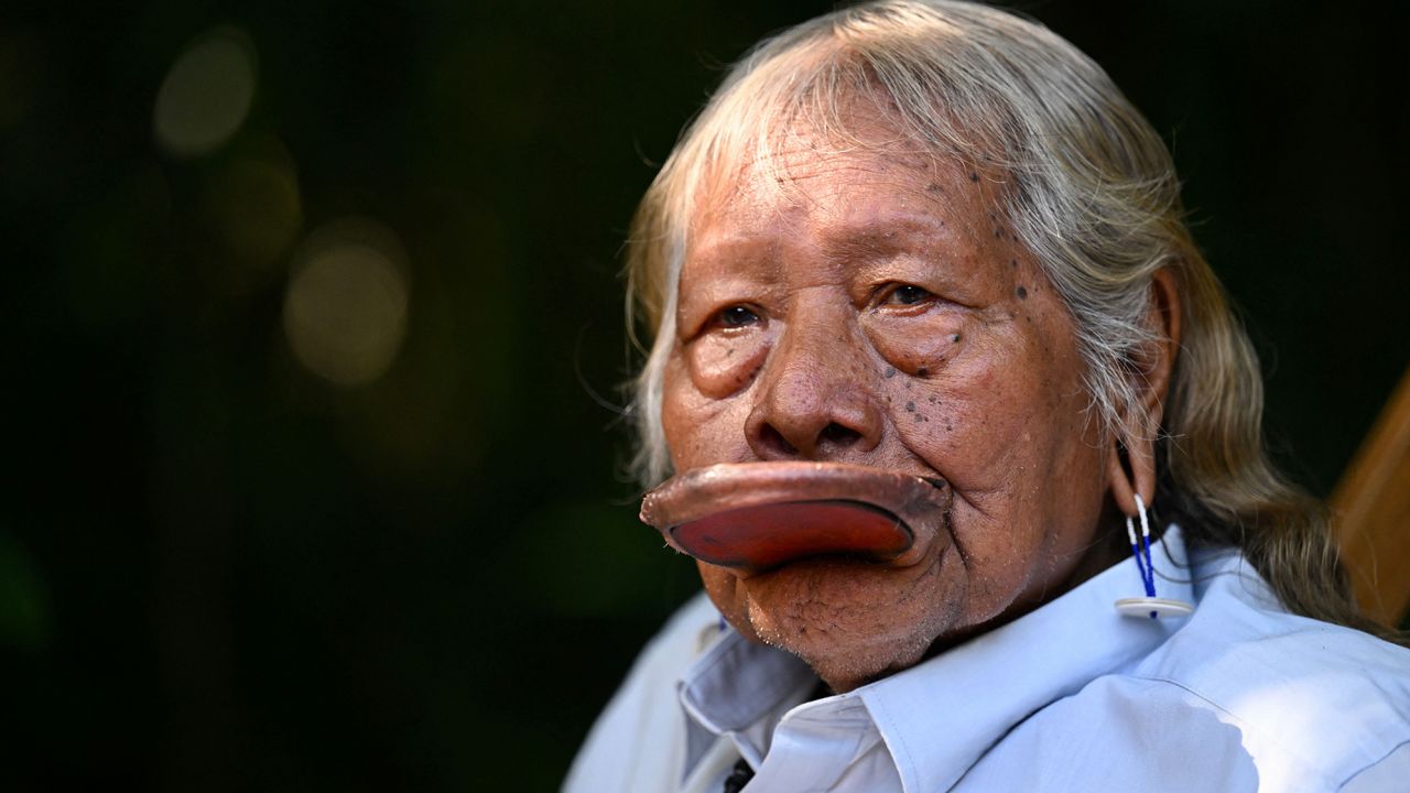 Brazilian indigenous leader Raoni Metuktire speaking ahead of a summit in the Amazon, August 7, 2023.