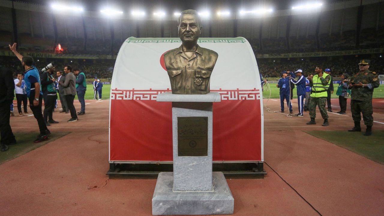 A picture obtained by AFP from the Iranian news agency Tasnim on October 2, 2023, shows a bust of slain Revolutionary Guards commander Qasem Soleimani on the pitch at the Naghsh-e-Jahan Stadium in Isfahan during the AFC Champions League Group C football match between Iran's Sepahan and Saudi Arabia's Al-Ittihad. The match set to take place in the Iranian city of Isfahan "has been cancelled due to unanticipated and unforeseen circumstances", the AFC Champions League said in a statement, without elaborating. However an official with Saudi side Al Ittihad said a dispute arose after club administrators objected to a bust of Soleimani, who was killed by a US drone strike in 2020. (Photo by MORTEZA SALEHI / AFP) (Photo by MORTEZA SALEHI/AFP via Getty Images)