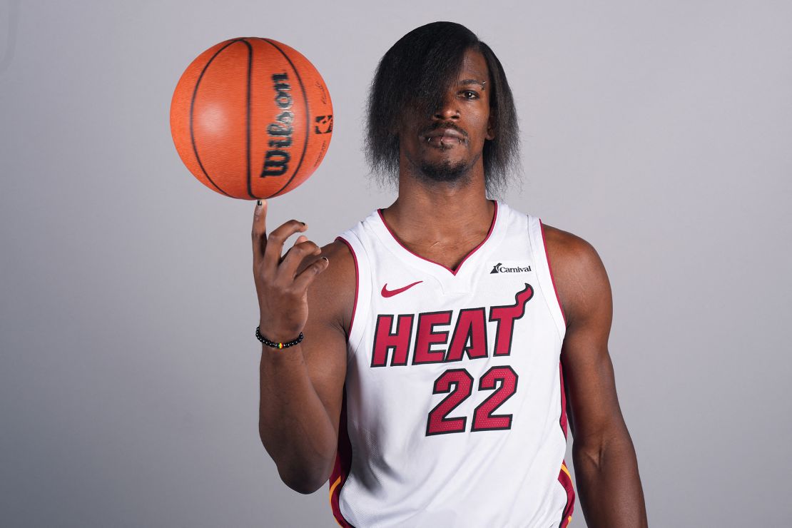 Oct 2, 2023; Miami, FL, USA; Miami Heat forward Jimmy Butler poses for a photo during media day. Mandatory Credit: Jim Rassol-USA TODAY Sports