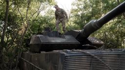 Soldiers of the 47th Brigade, tank department, of the Ukrainian army are seen with the Leopard 2 at the Tokmak front as the Russia-Ukraine war continues, in Zaporizhia's Oblast, Ukraine on September 16, 2023. 