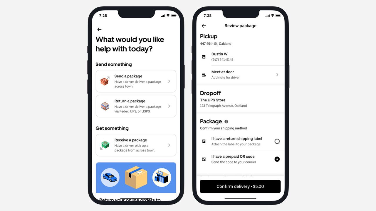 Hate returning packages? Uber will now do it for you | CNN Business 1 Uber's new package return feature that allows users to call for a courier to pick-up packages and drop them off at shipping locations.