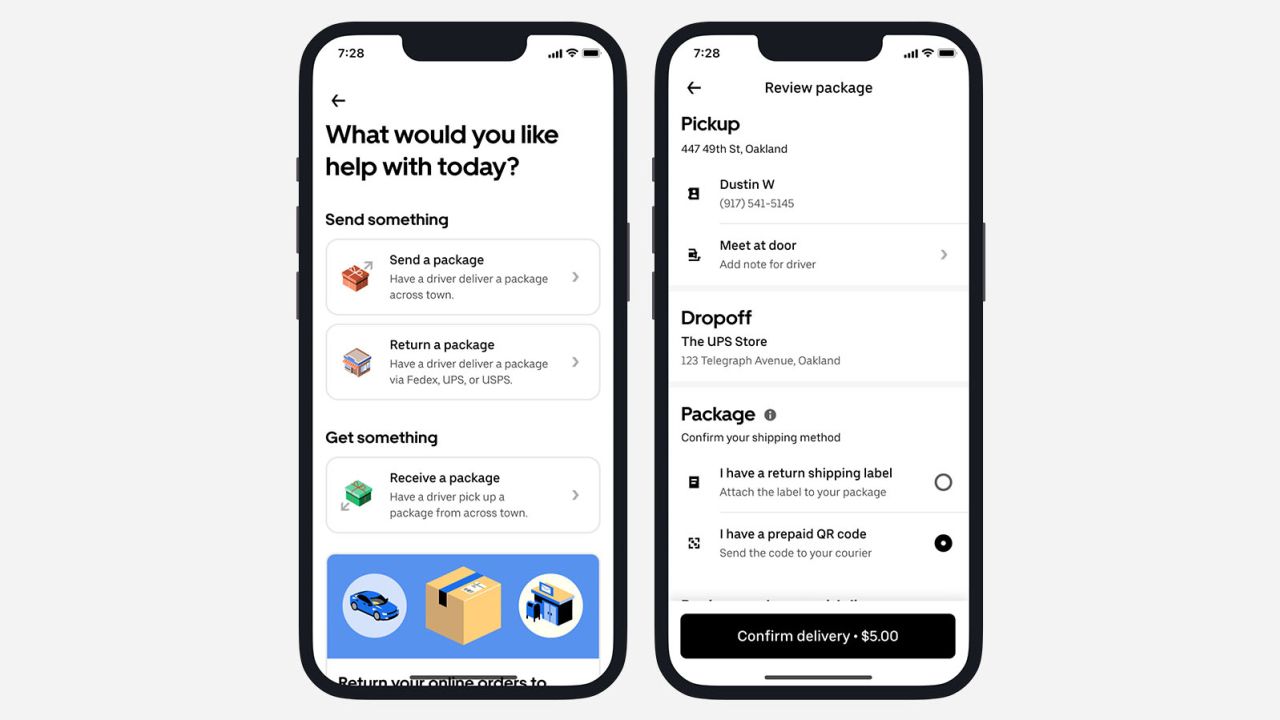 Uber's new package return feature that allows users to call for a courier to pick-up packages and drop them off at shipping locations. 