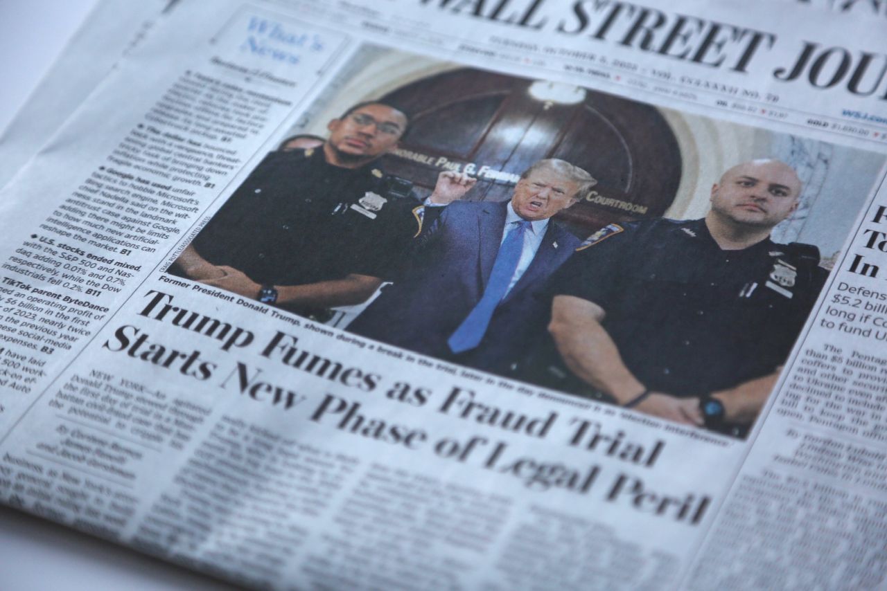 Coverage of the trial is seen on the front page of the Wall Street Journal on Tuesday.