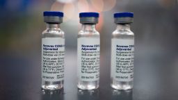 Vials of Novavax Covid-19 vaccines arranged at a pharmacy in Schwenksville, Pennsylvania, US, on Monday, Aug. 1, 2022. Novavax's protein-based Covid-19 vaccine received long-sought US emergency-use authorization in July, but use is likely to be limited. Photographer: Hannah Beier/Bloomberg via Getty Images